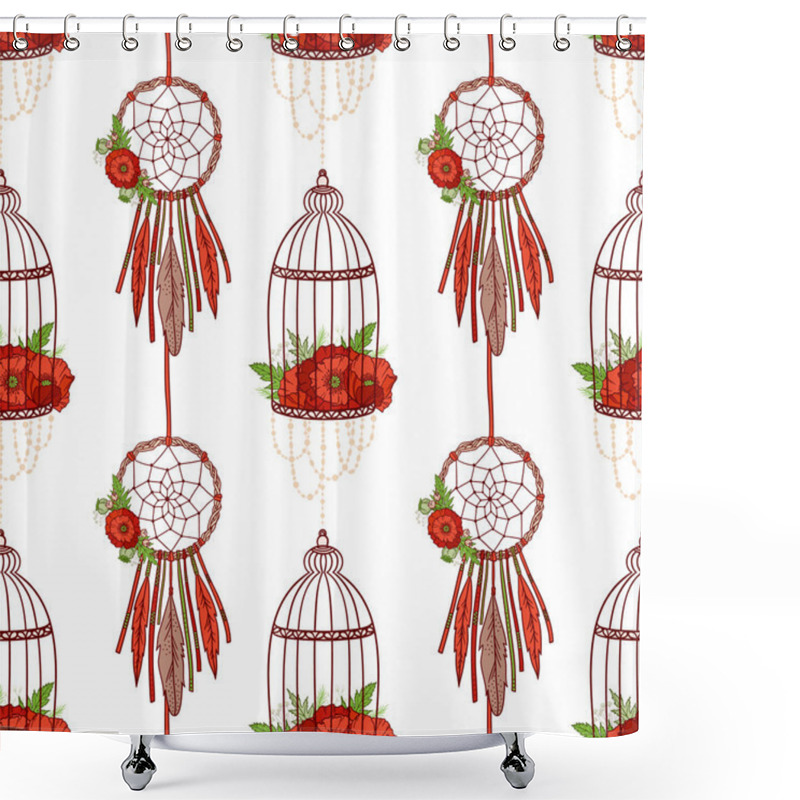 Personality  Seamless Pattern With Dream Cathers, Poppies In Cages. Shower Curtains