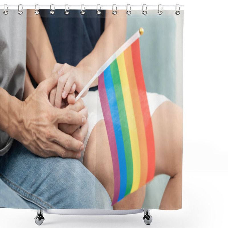 Personality  LGBT Couple. Male Bisexualities Couple Holding Hands Encourage And Show Lgbt Flag, Happily, Lover In Love, Bisexualities, Homosexuality, Liberty, Expression, Happy Life, Life Style, Freedom, Respec Shower Curtains