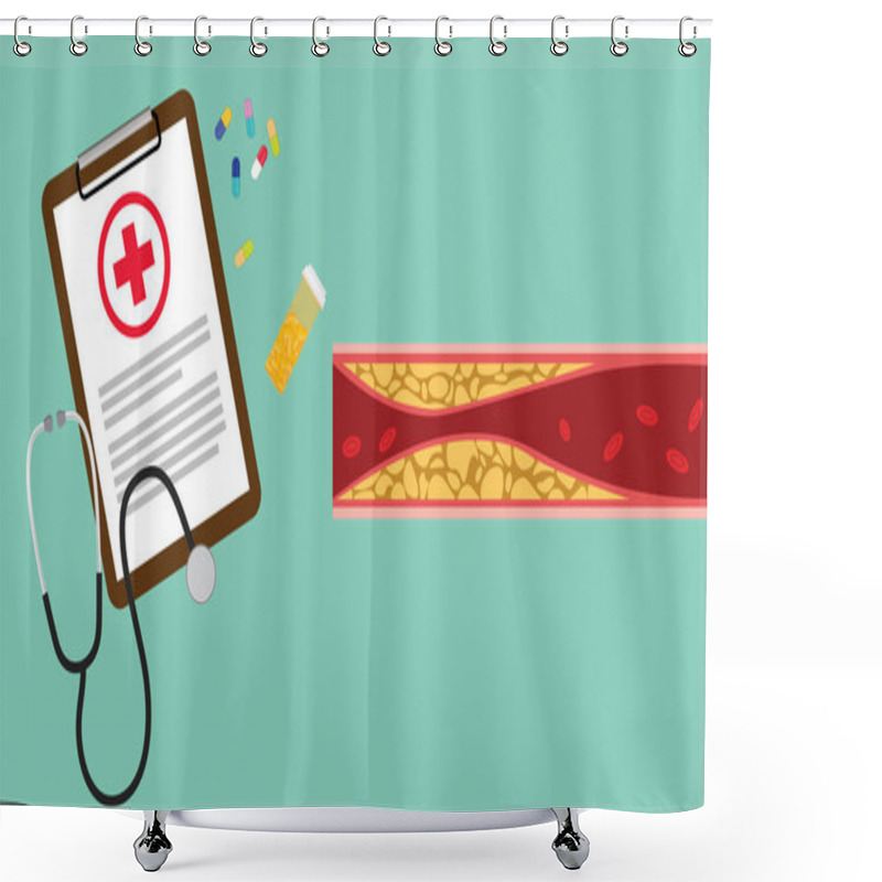 Personality  Cholesterol Human Sickness Ill Medical Health Management With Clipboard Healthcare Detail Information With Pills And Medicine - Vector Illustration Shower Curtains