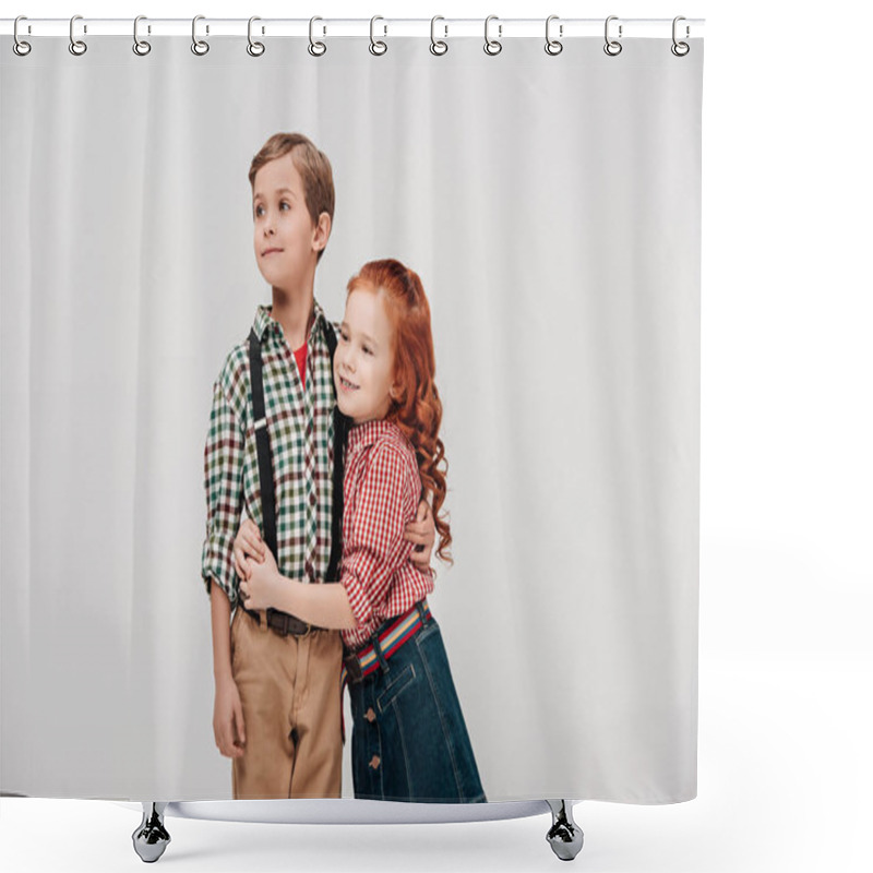 Personality  Cute Little Children Embracing And Looking Away Isolated On Grey Shower Curtains