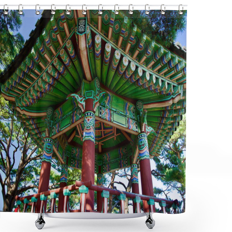 Personality  Yangyang County, South Korea - November 3, 2024: A Detailed View Of The Beautifully Ornate Hajodae Pavilion, Showcasing Traditional Korean Architecture And Vibrant Wooden Carvings Amidst A Serene Forest Setting. Shower Curtains