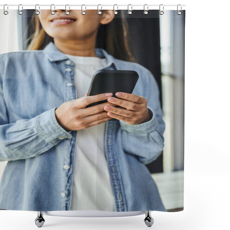 Personality  Cropped View Of Smiling Businesswoman In Blue Denim Shirt Networking On Mobile Phone While Standing In Contemporary Office On Blurred Background, Young Entrepreneur, Successful Youth Shower Curtains