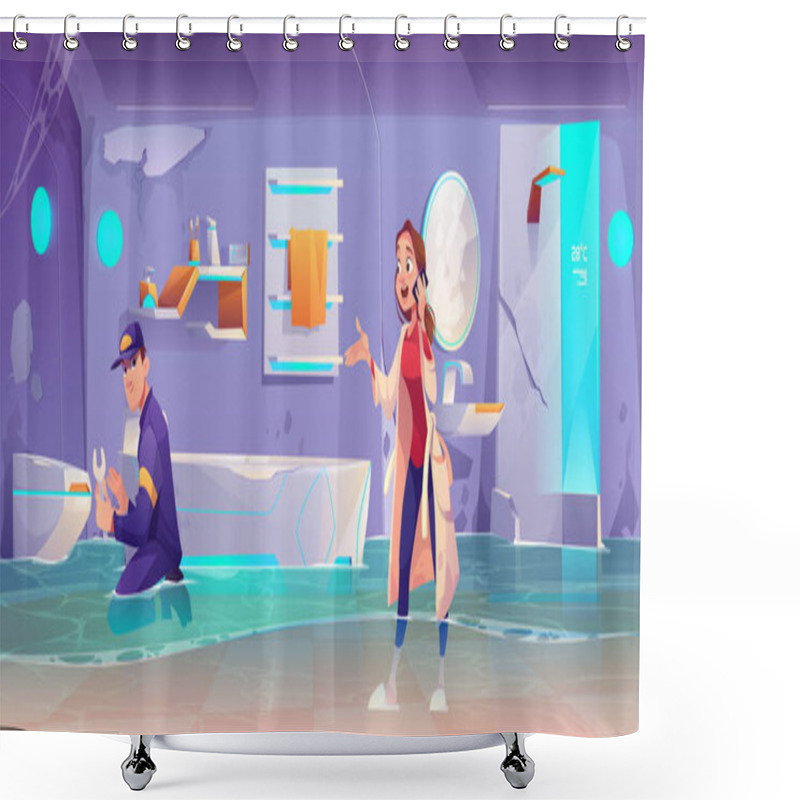 Personality  Plumber Fixing Water Leakage In Flooded Bathroom Shower Curtains