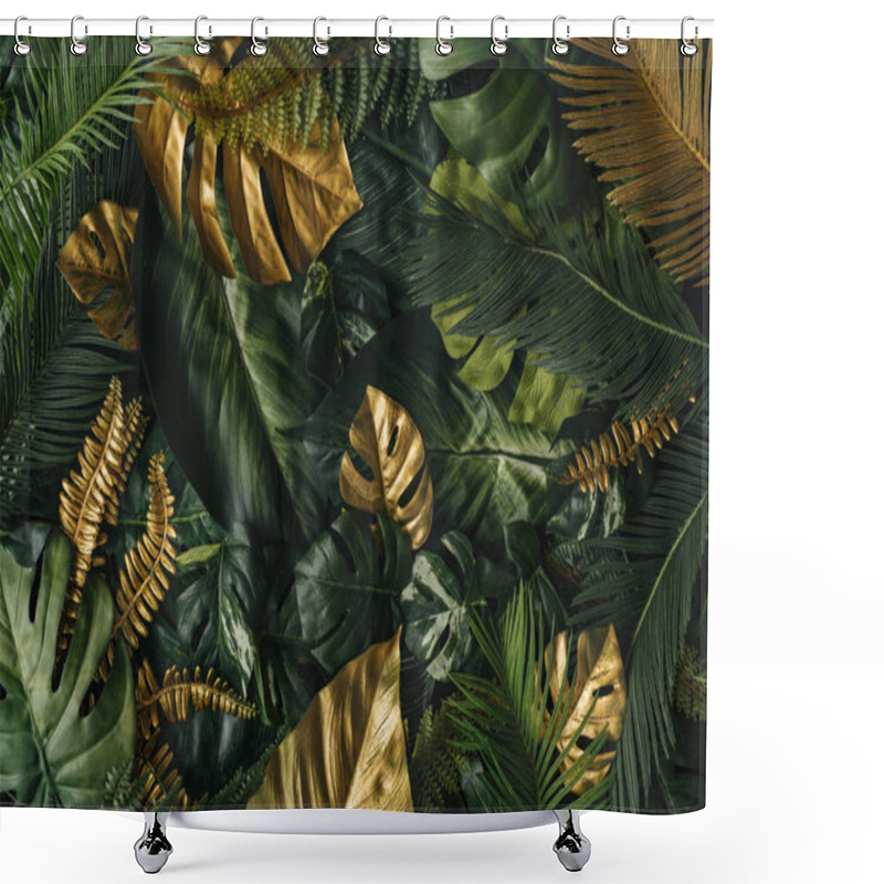 Personality  Creative Nature Background Of Gold And Green Tropical Palm Leaves. Minimal Summer Abstract Jungle Pattern Shower Curtains