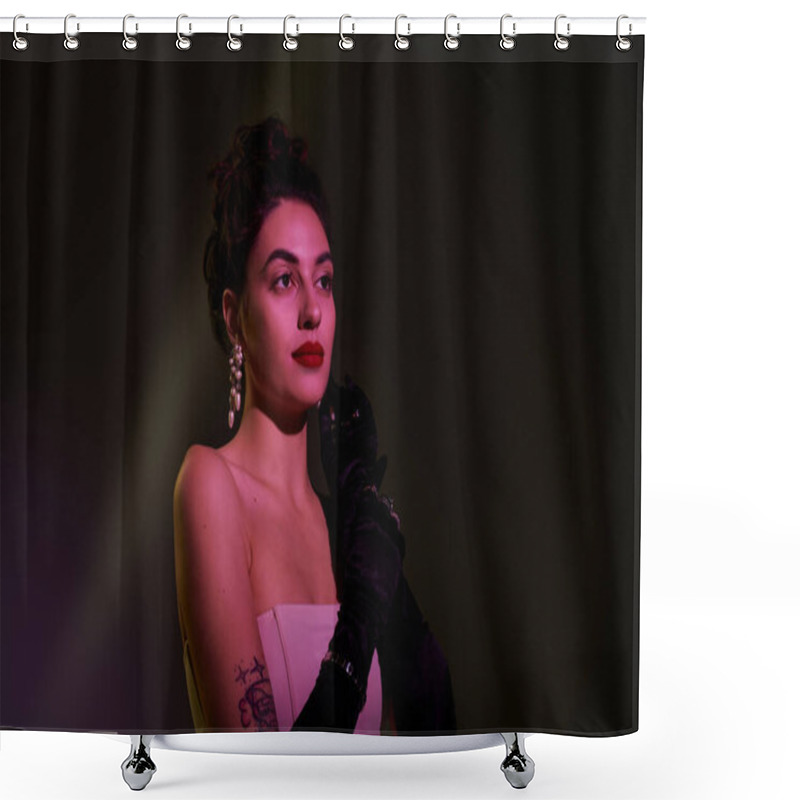 Personality  A Stunning Woman Exudes Elegance With Stylish Gloves And Glamorous Earrings In Soft Lighting. Shower Curtains