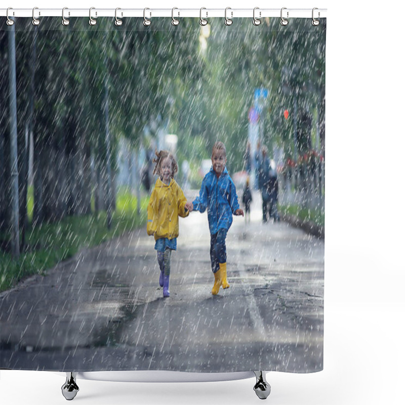 Personality  Children Run In Raincoats / Summer Park, Rain, Walk Brother And Sister, Children Boy And Girl Shower Curtains