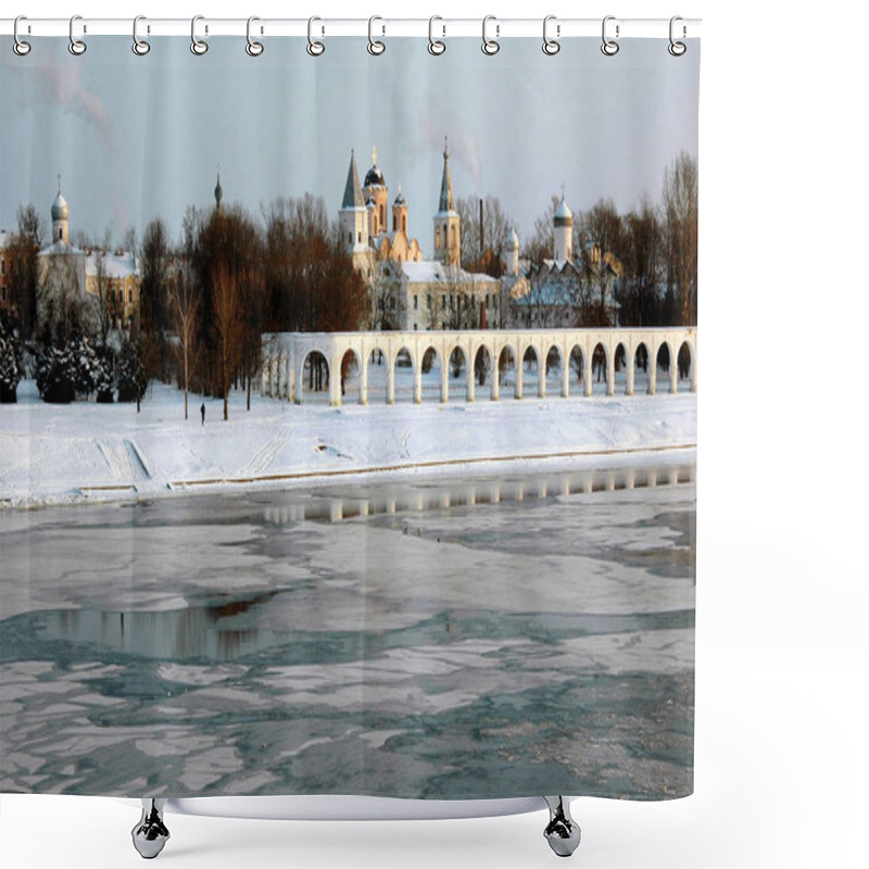 Personality  View Of The Ice-bound Volkhov River And Yaroslavovo Dvorische, Veliky Novgorod. Russia Shower Curtains