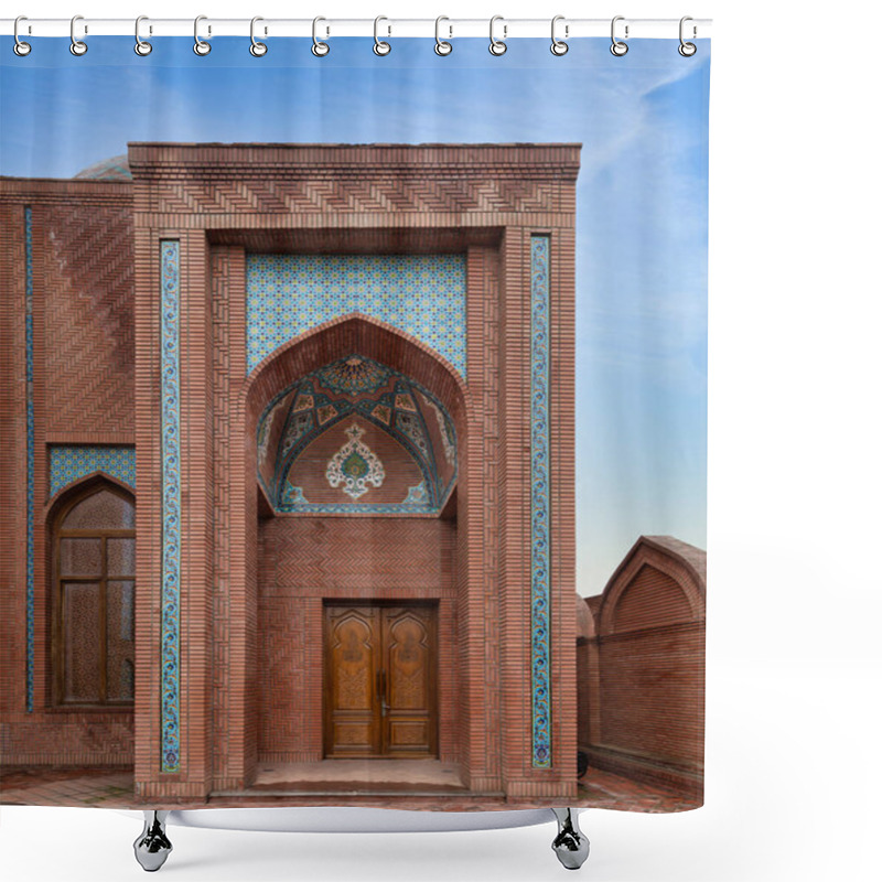 Personality  Side Entrance Of Goy Imam Mosque Features Stunning Red Brick Patterns And Colorful Tile Decorations, Reflecting Exquisite Azerbaijani Architecture Under A Clear Blue Sky Shower Curtains