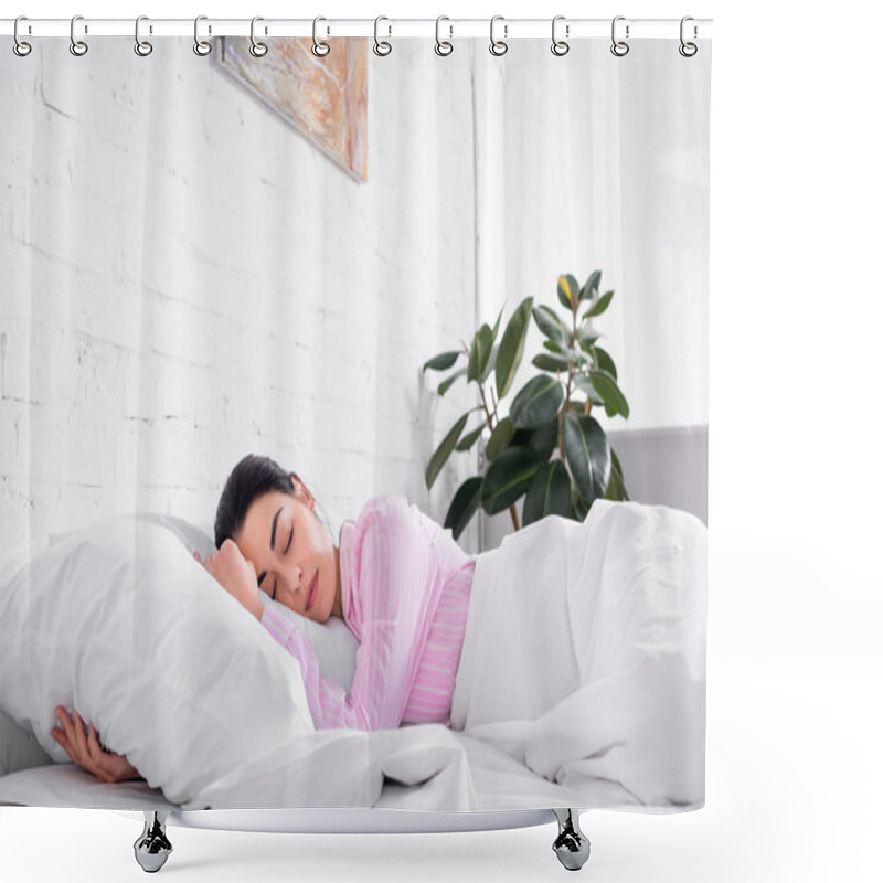 Personality  Portrait Of Woman In Pink Pajamas Sleeping In Bed At Home Shower Curtains