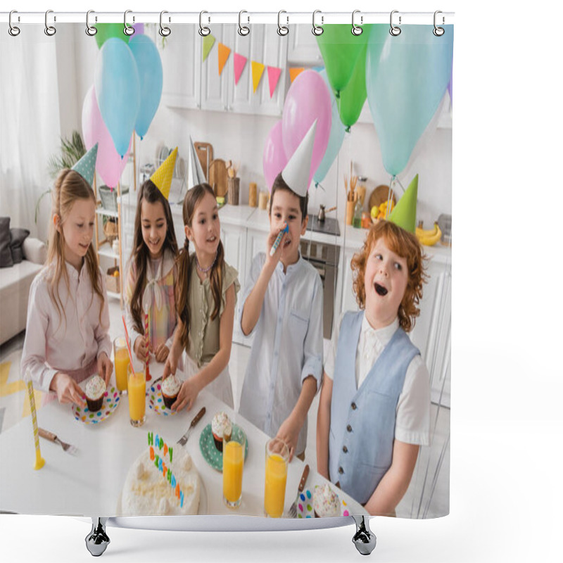 Personality  Happy Preteen Girls Holding Cupcakes And Looking At Boys During Birthday Party  Shower Curtains