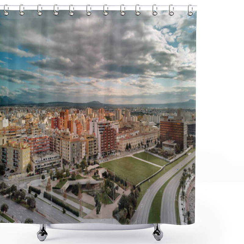 Personality  Cityscape Of Palma De Mallorca. Moody Dramatic Cloudy Sky Over Majorca Townscape, Residential Crowded Houses, Well-groomed Streets Mountains In Valley. Famous Travel Destination For Travelers. Spain Shower Curtains