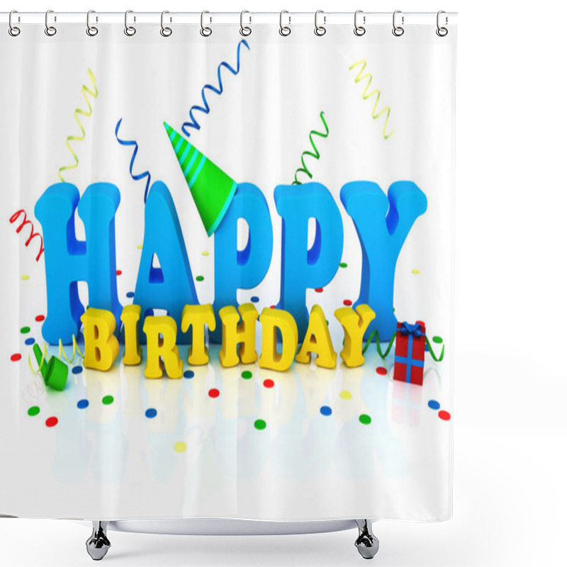 Personality  Happy Birthday Illustration With Streamers ,birthday Hat , Present And Confetti . Shower Curtains