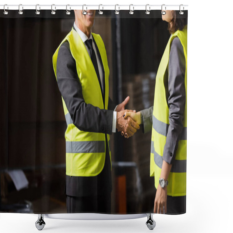 Personality  Cropped Shot Of Happy Supervisor And His Colleague Holding Paper Cups With Coffee And Shaking Hands Shower Curtains