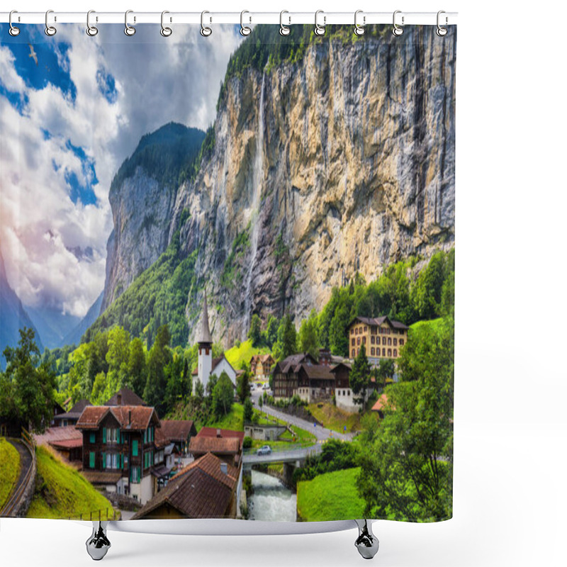 Personality  Amazing Summer Landscape Of Touristic Alpine Village Lauterbrunnen With Famous Church And Staubbach Waterfall. Location: Lauterbrunnen Village, Berner Oberland, Switzerland, Europe. Shower Curtains