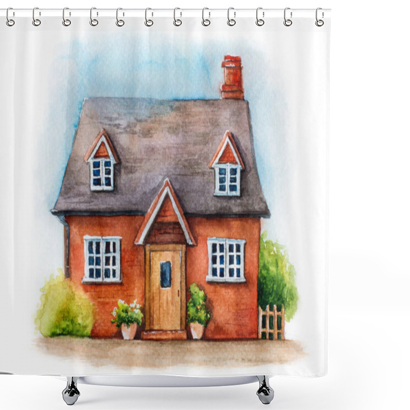 Personality  Watercolor Illustration Of Traditional English House Isolated On White Background. Hand Drawn Cozy Village House With Plants And Sky  Shower Curtains