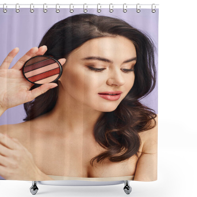 Personality  A Natural Beauty Woman Gracefully Applying Makeup With A Palette. Shower Curtains