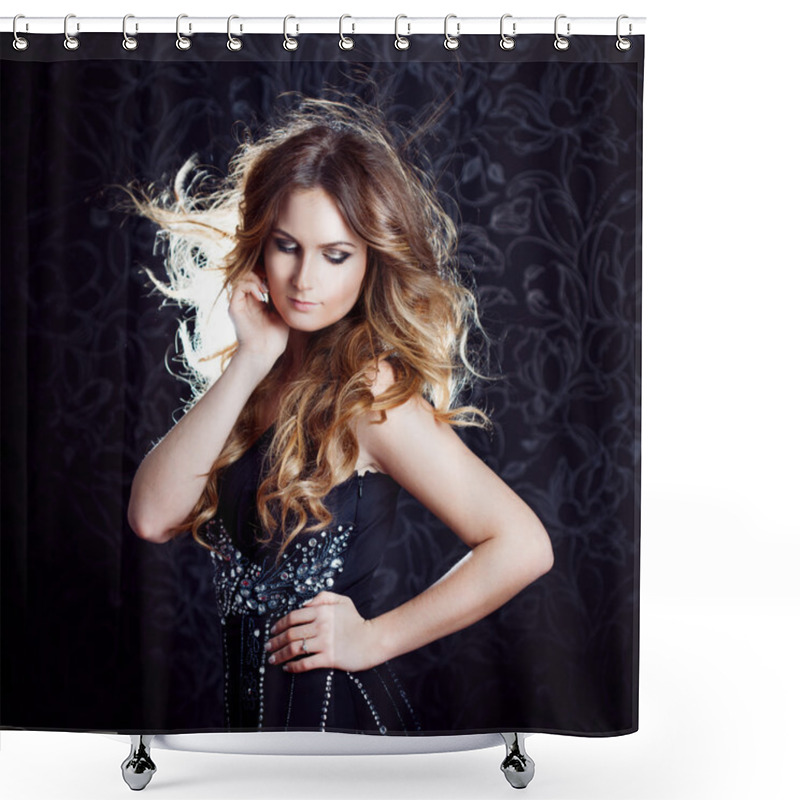 Personality  Beautiful Girl  With Long Brown Curled Hair, Dark Background Shower Curtains