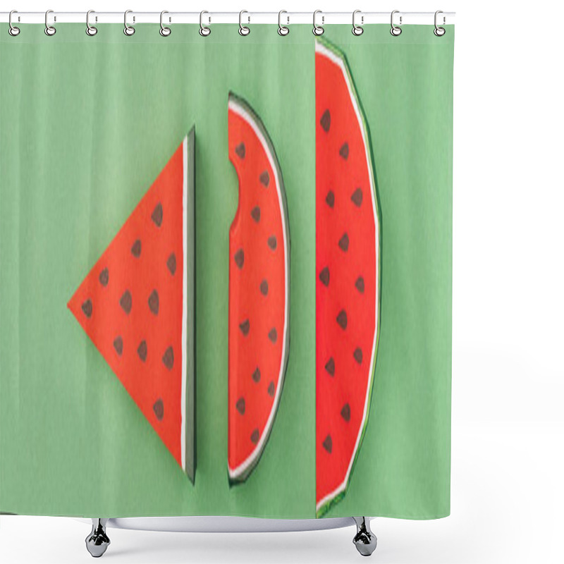 Personality  Panoramic Shot Of Handmade Paper Red Watermelon Slices Isolated On Green Shower Curtains