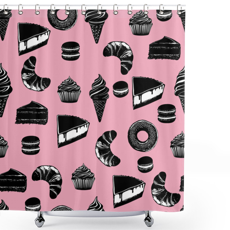 Personality  Seamless Pattern Of Desserts On Pink Background. Black And White Pastry Illustration With Pink. Stylish Food Illustration With Sweets And Pastries Shower Curtains