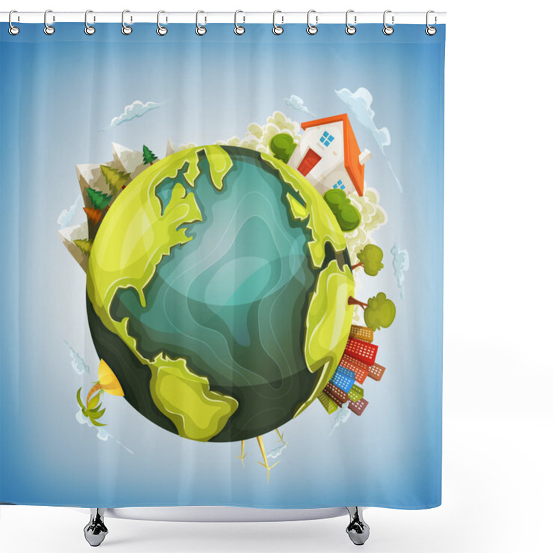 Personality  Earth Planet With Home, Nature And City Around Shower Curtains