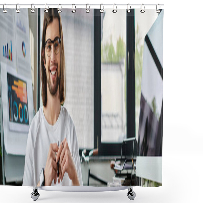 Personality  A Man In A White T-shirt Engrossed In Work On A Computer. Shower Curtains