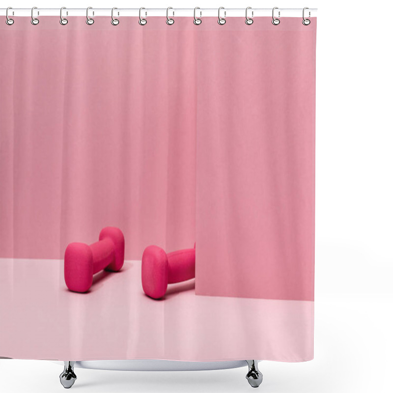 Personality  Pink Bright Dumbbells Levitating In Air On Pink Background Shower Curtains