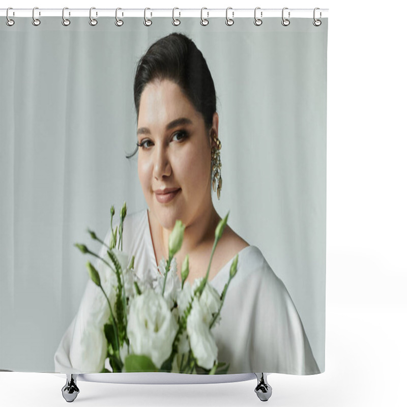 Personality  A Stunning Plus Size Bride Showcases Elegance In A White Wedding Dress And Beautiful Earrings While Holding Fresh Flowers. Shower Curtains