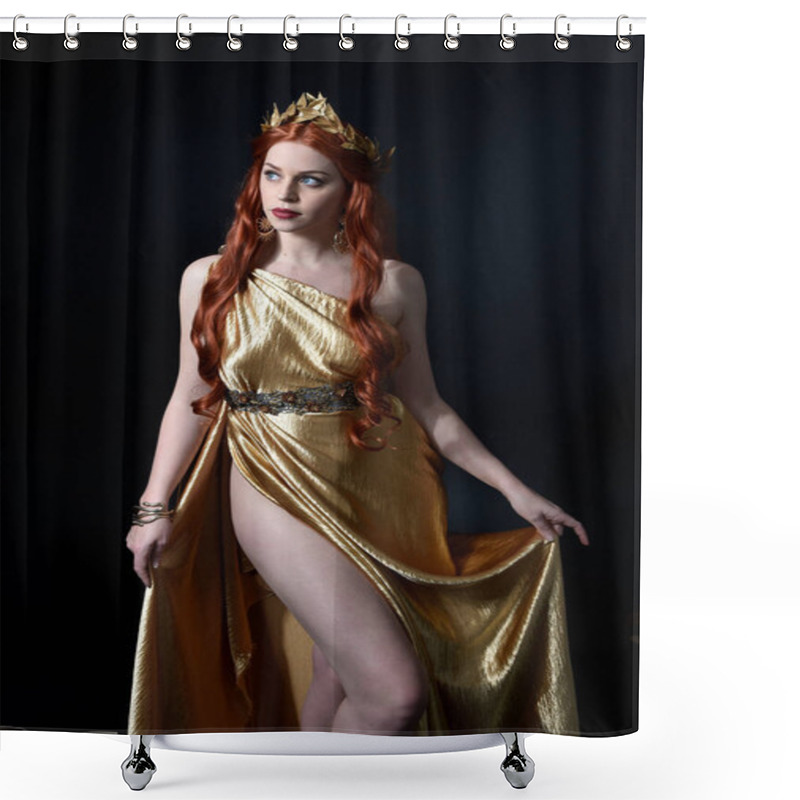 Personality   Full Length Portrait Of Pretty Female Model Wearing  Grecian Goddess  Toga Gown, Posing With Elegant Gestural Movements On A Studio Background. Shower Curtains