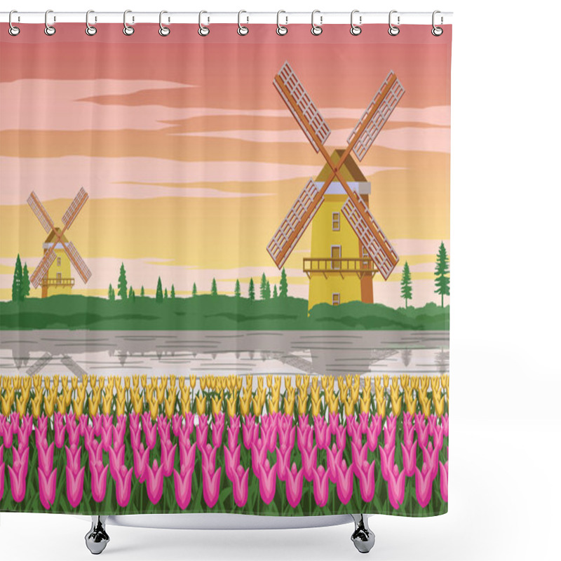 Personality  Tulip Garden,famous Symbol Of Holland And Wind Mill Around With  Shower Curtains