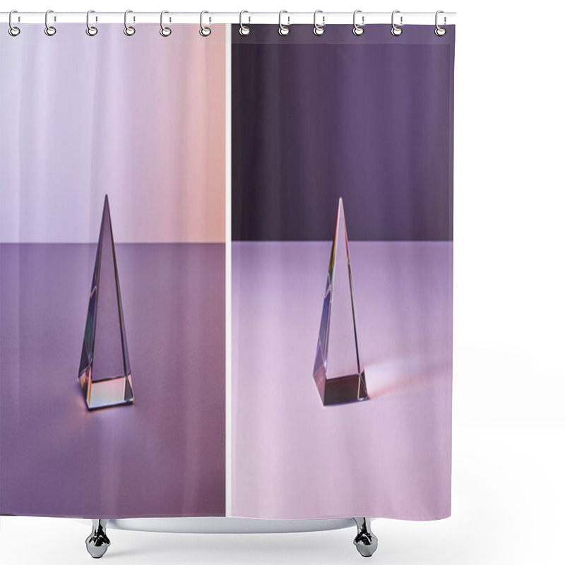 Personality  Collage Of Crystal Transparent Pyramid With Light Reflection On Violet And Purple Background Shower Curtains