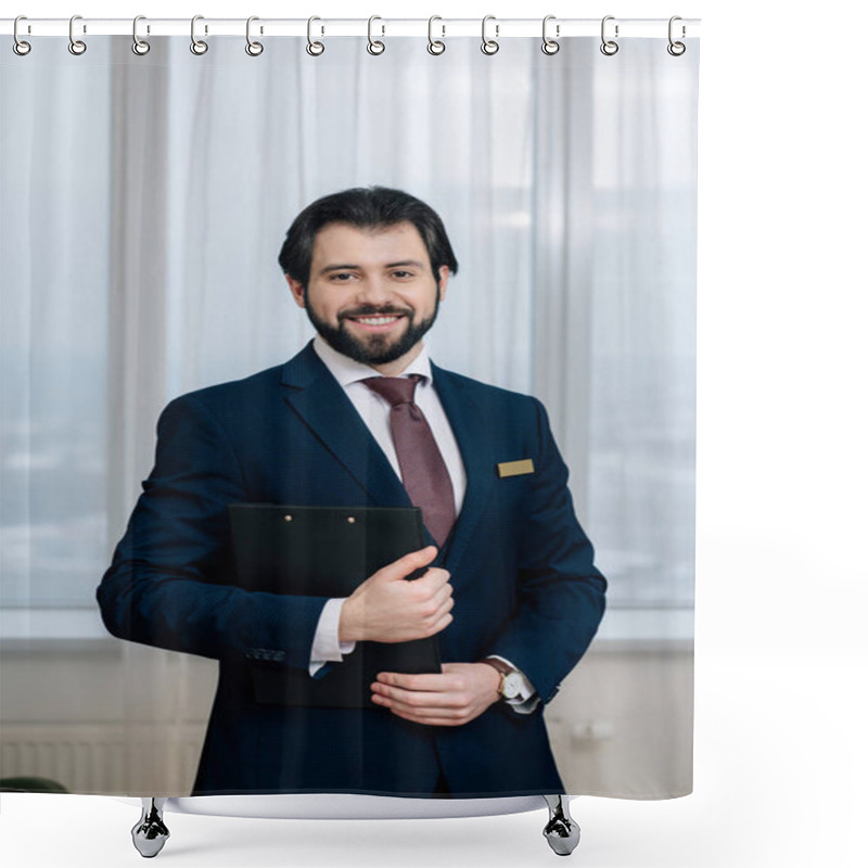 Personality  Handsome Hotel Administrator With Clipboard Looking At Camera Shower Curtains