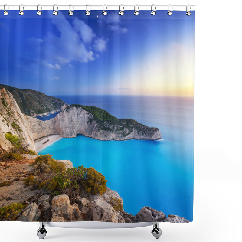 Personality  Shipwreck Beach On Zakynthos Island At Sunset Shower Curtains