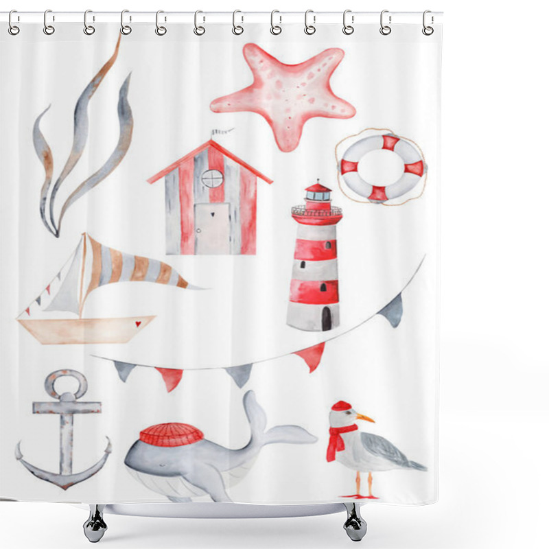 Personality  Cute Nautical Element Collection 10 Pcs Whale, Sea House, Life Buoy, Starfish, Boat, Lighthouse Anchor, Algae, Seagull. Individual Items For Your Business. Posters, Stickers, Cards, Scrapbooking. High Shower Curtains