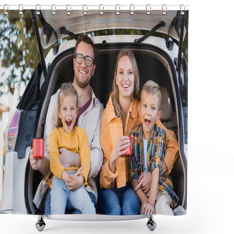 Personality  Cheerful Family Holding Cups And Looking At Camera While Sitting In Trunk Of Car  Shower Curtains