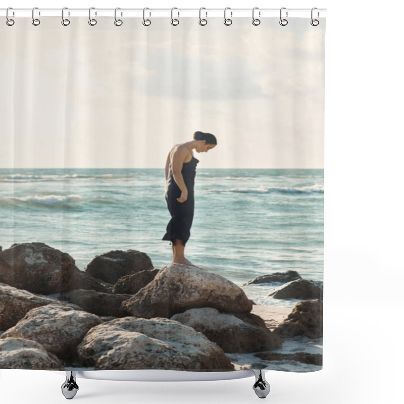 Personality  A Woman Wearing A Black Sundress Stands On A Rock Formation By The Ocean In Miami Beach, Florida. Shower Curtains