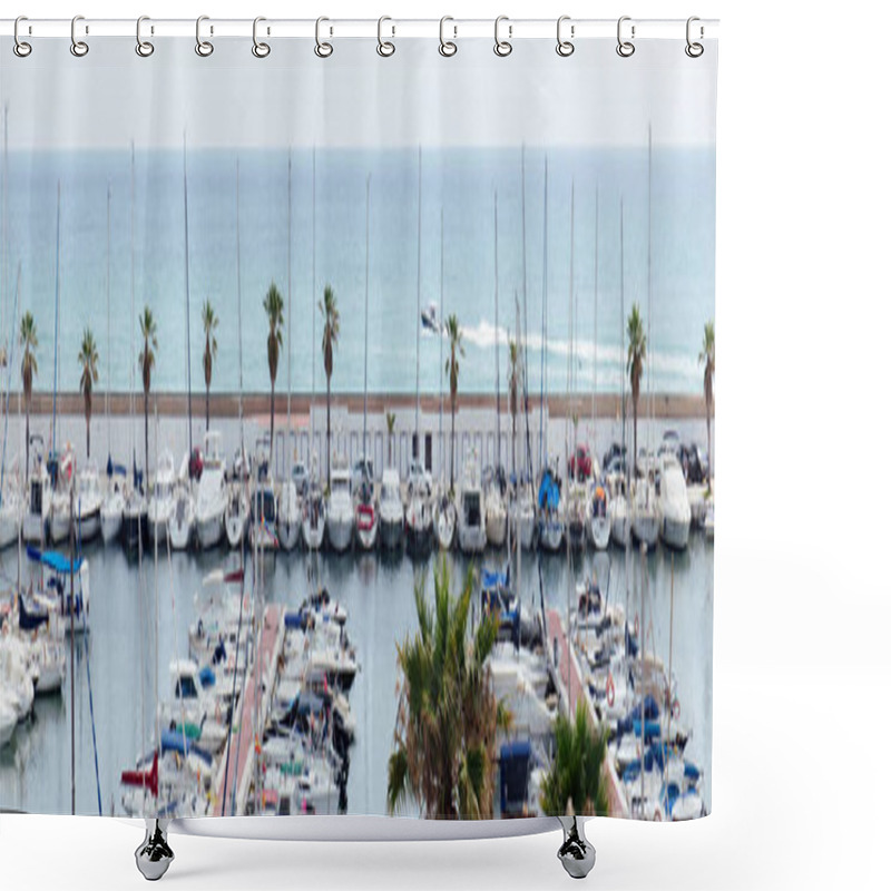 Personality  CATALONIA, SPAIN - APRIL 30, 2020: Palm Trees Near Yachts In Port With Seascape At Background, Panoramic Shot  Shower Curtains