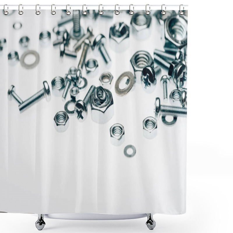 Personality  Close Up View Of Metal Framing Nails And Capscrews Isolated On White Shower Curtains