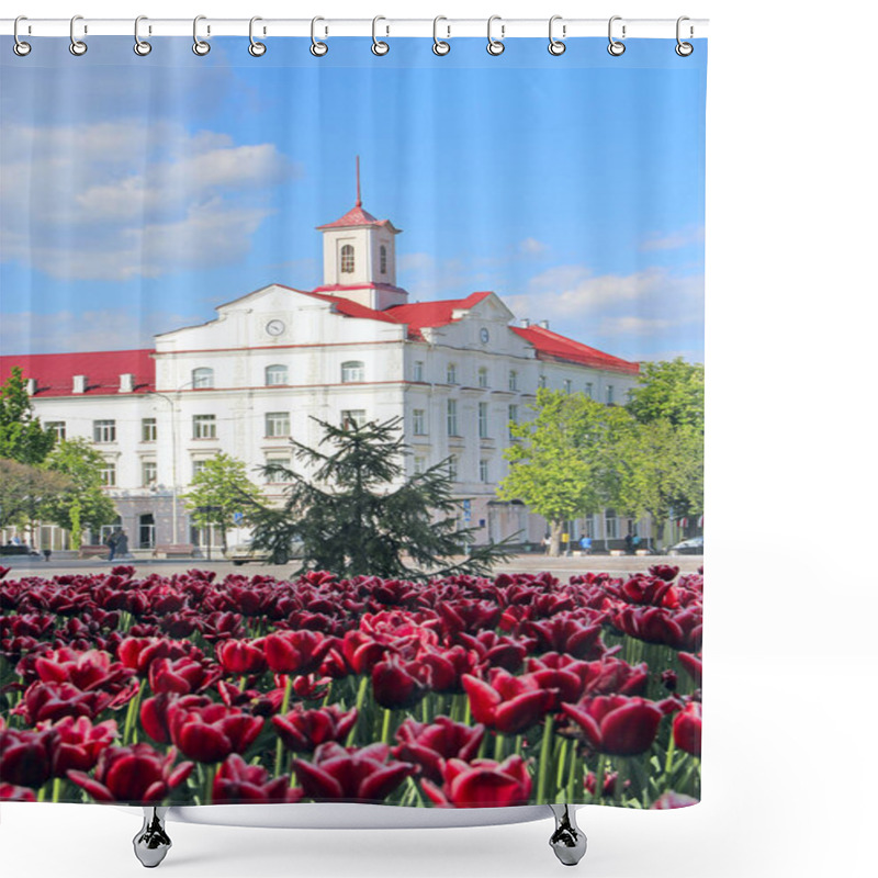 Personality   Chernihiv  / Ukraine - 11 May 2020 / Ukraine: Flowerbed Decoration. Many Tulips Grow In City. Beautiful Spring Tulips On Flower Bed In City In Bright Day. Beautiful Architecture Of Town Of Chernihiv And Purple Tulips. Tulips Bloom In City Shower Curtains