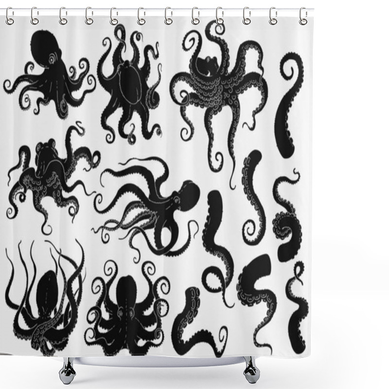 Personality  Black Octopus Silhouette Set Isolated On White Background Shower Curtains