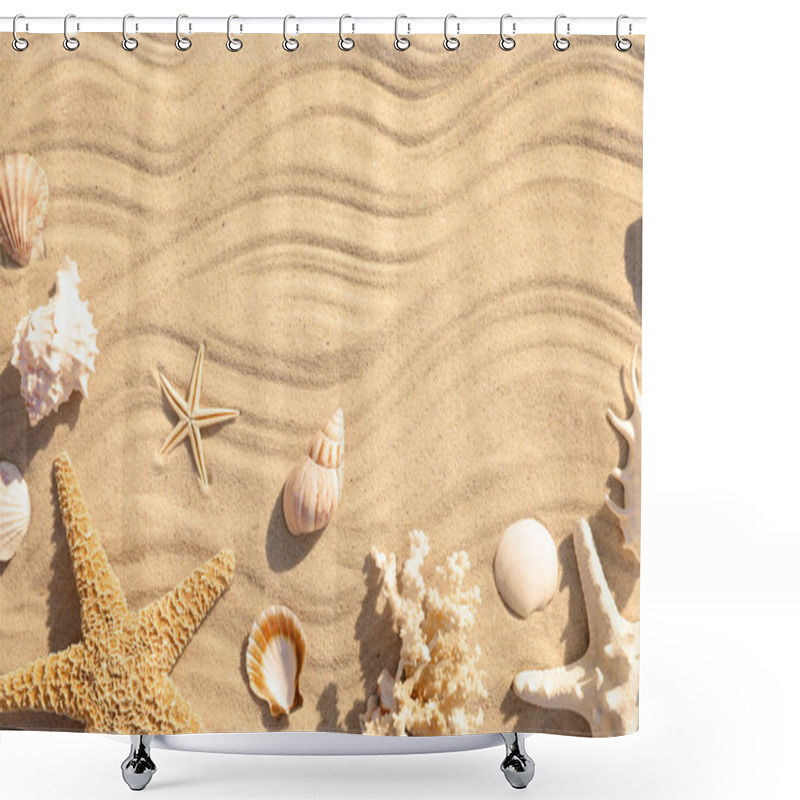 Personality  Starfishes And Seashells On Beach Sand With Wave Pattern, Flat Lay. Space For Text Shower Curtains