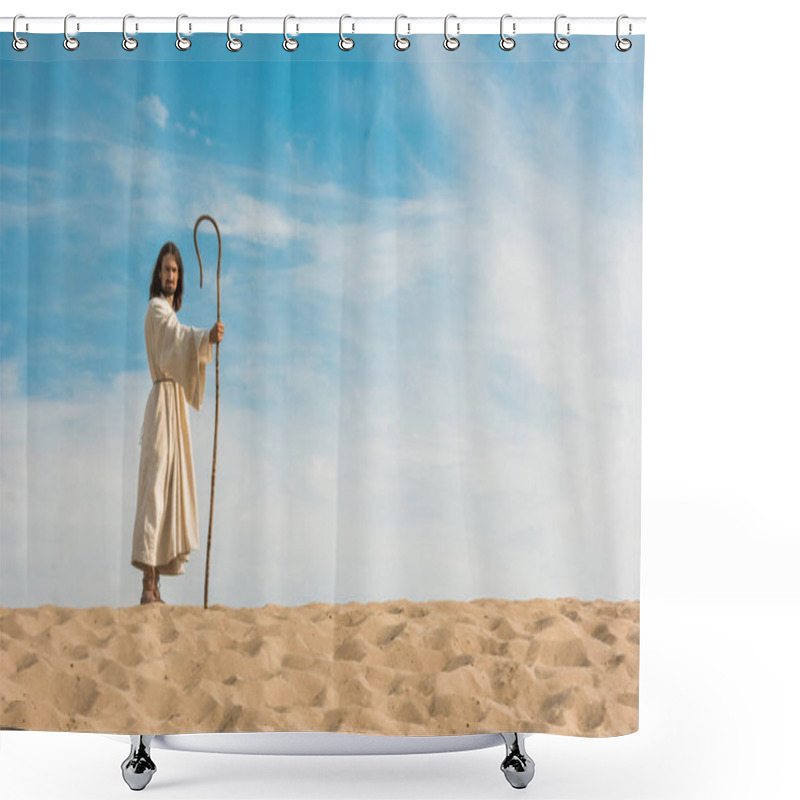 Personality  Jesus Holding Wooden Cane Against Blue Sky In Desert  Shower Curtains