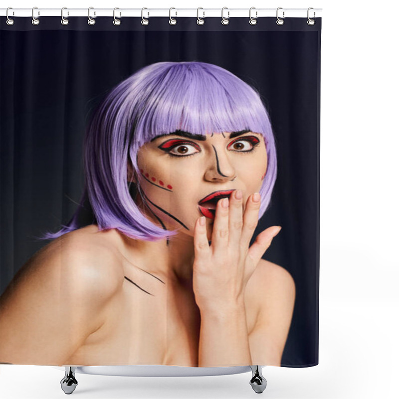 Personality  A Beautiful Woman Donning A Purple Wig And Creative Pop Art Makeup Strikes A Pose On A Dramatic Black Background. Shower Curtains