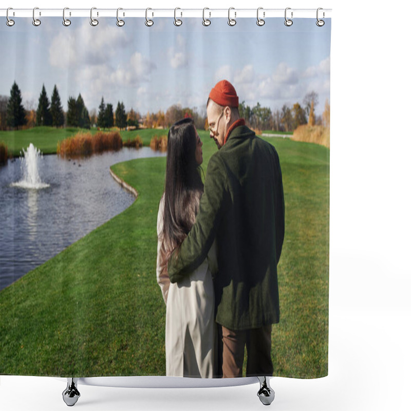 Personality  A Couple Enjoys A Warm Autumn Day, Wrapped In Each Others Embrace Near A Tranquil Lake. Shower Curtains