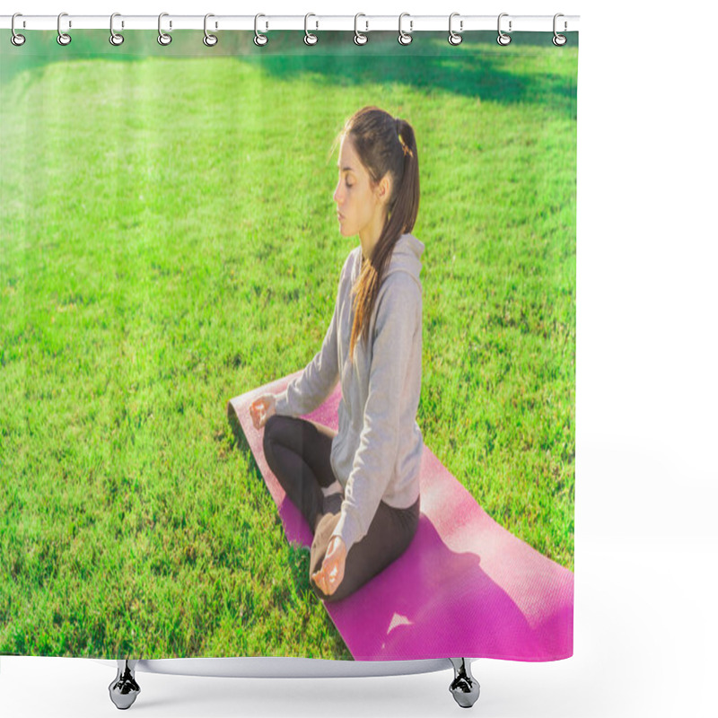 Personality  Young Woman Doing Yoga In The Morning In Her Garden With Sunlight In Lotus Position, Namaste, Exercise, Wearing Sportswear.  Shower Curtains