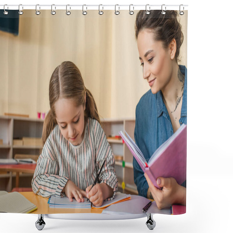 Personality  Happy Teacher Smiling Near Concentrated Girl Writing Dictation In Montessori School Shower Curtains