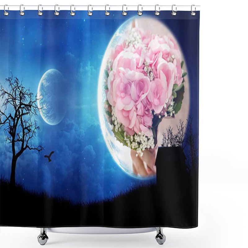 Personality  Blue Night With Moon, Clouds, Stars And Planet Combined With Picture. Shower Curtains