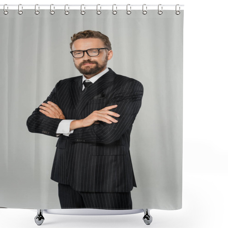 Personality  Cheerful Businessman In Formal Wear And Glasses Posing With Crossed Arms Isolated On Grey  Shower Curtains