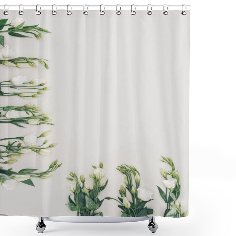 Personality  Beautiful White Eustoma Flowers On Grey Background Shower Curtains