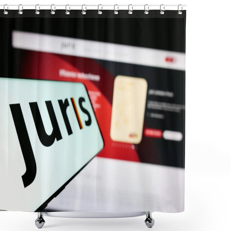 Personality  Stuttgart, Germany - 07-15-2023: Smartphone With Logo Of German Legal Information Prodiver Juris GmbH On Screen In Front Of Company Website. Focus On Left Of Phone Display. Shower Curtains