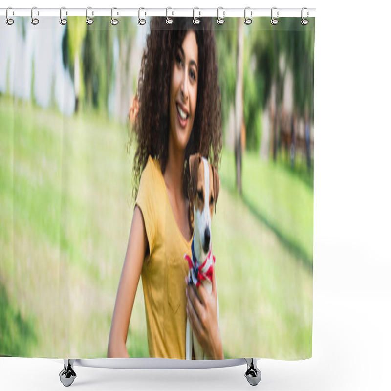 Personality  Horizontal Crop Of Joyful, Curly Woman Looking At Camera While Holding Jack Russell Terrier Dog Shower Curtains